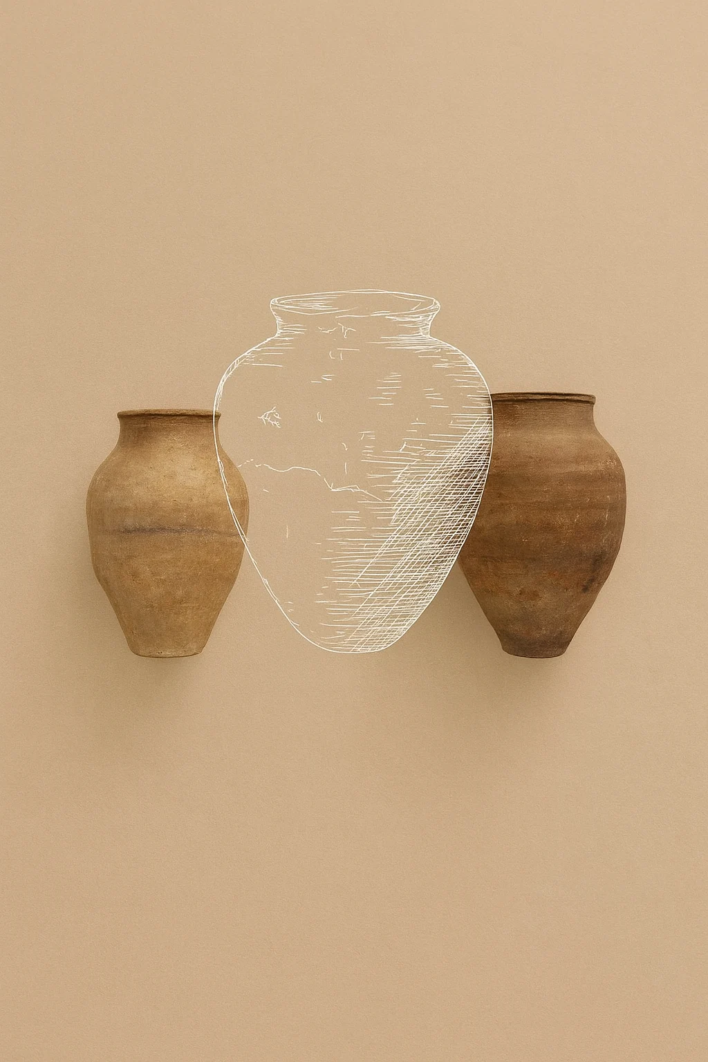 Graphic composition with terracotta vessels and a white drawn vessel