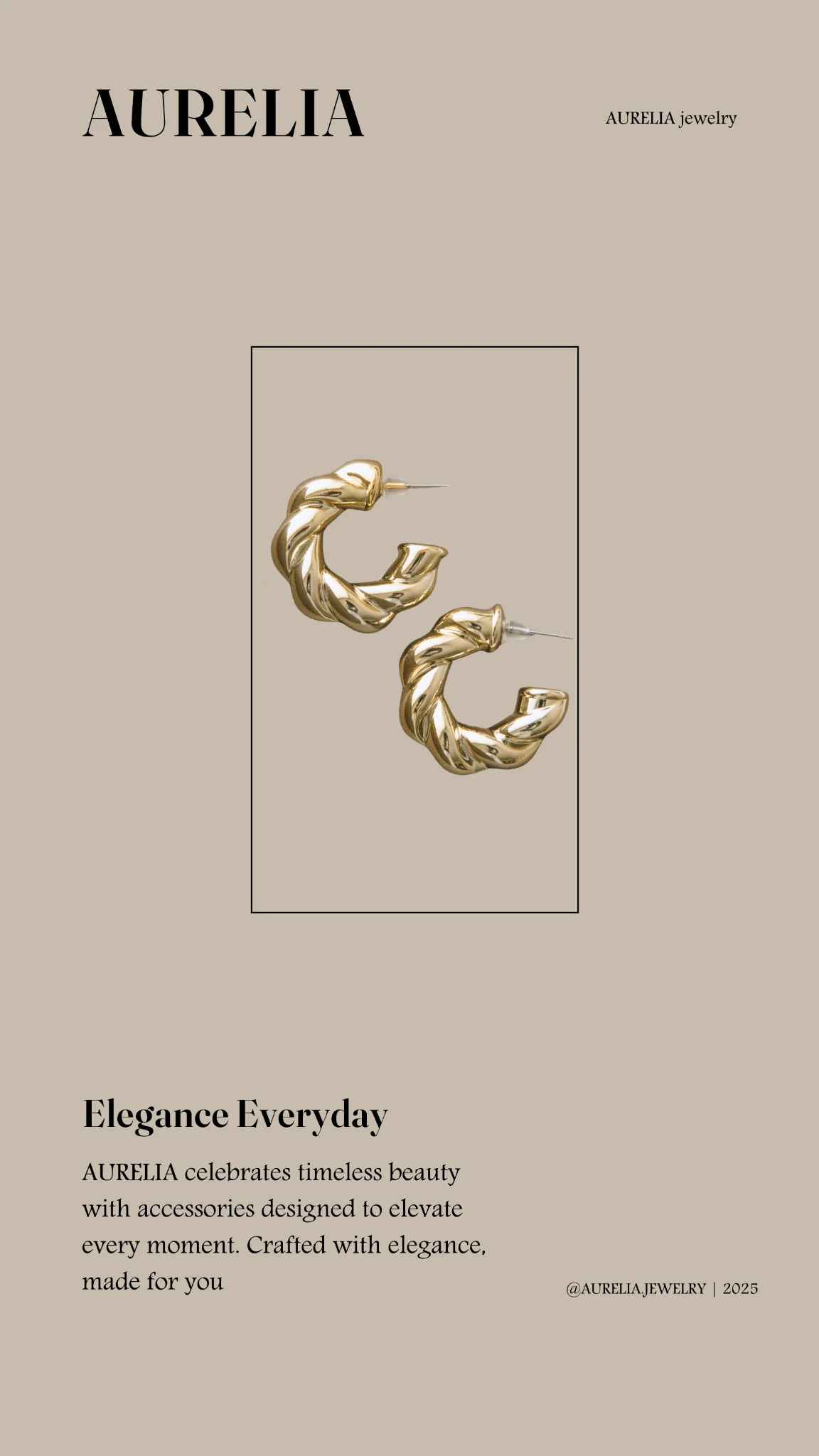 Aurelia editorial poster with gold jewelry and beige background